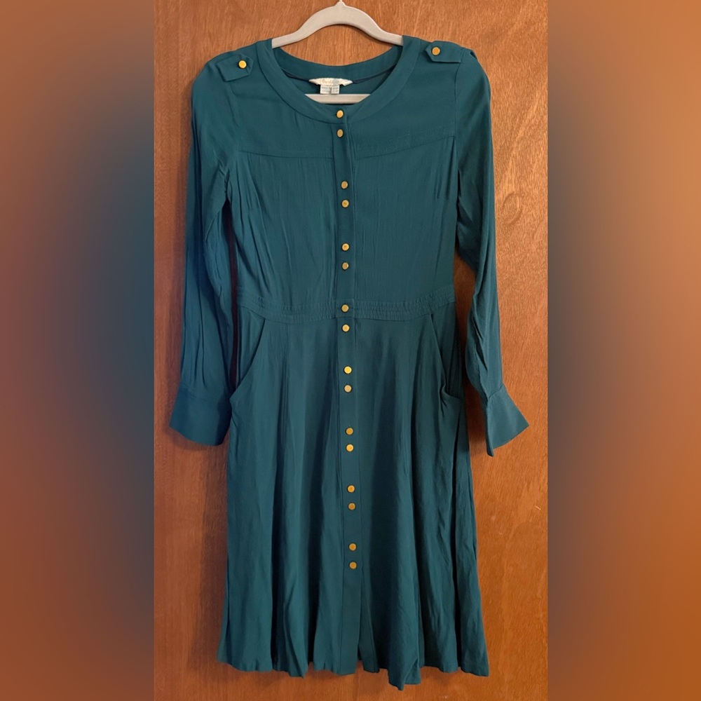 Boden Teal Long Sleeve Dress with Gold Buttons